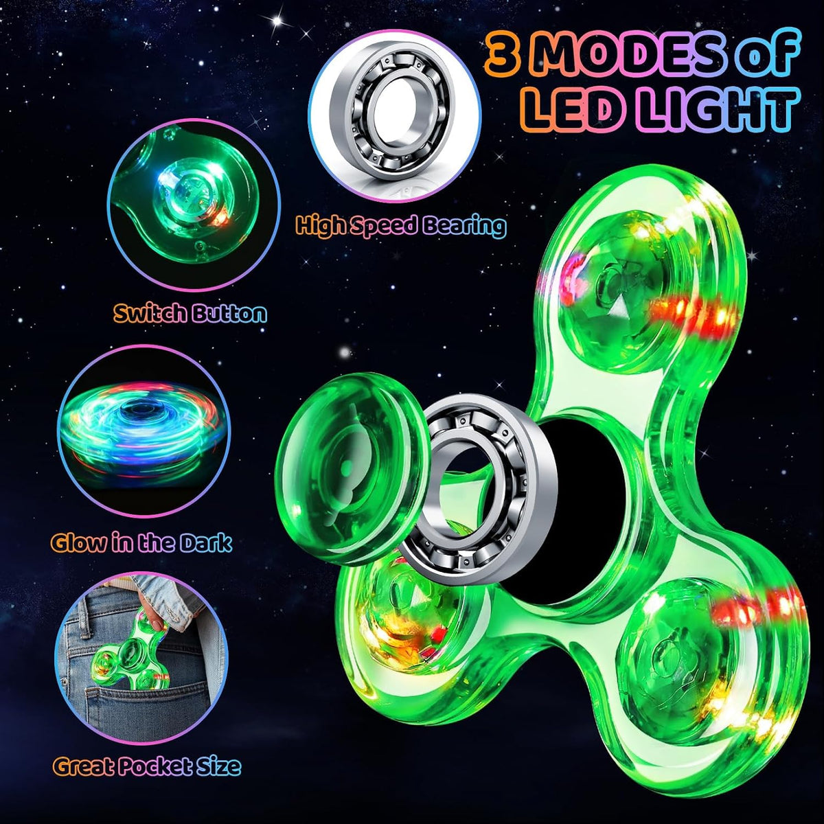 Fidget Spinner 2 Pack, Light up Sensory Fidget Toys Adults Kids 4-8-12, Kids - Blue&green - image 2