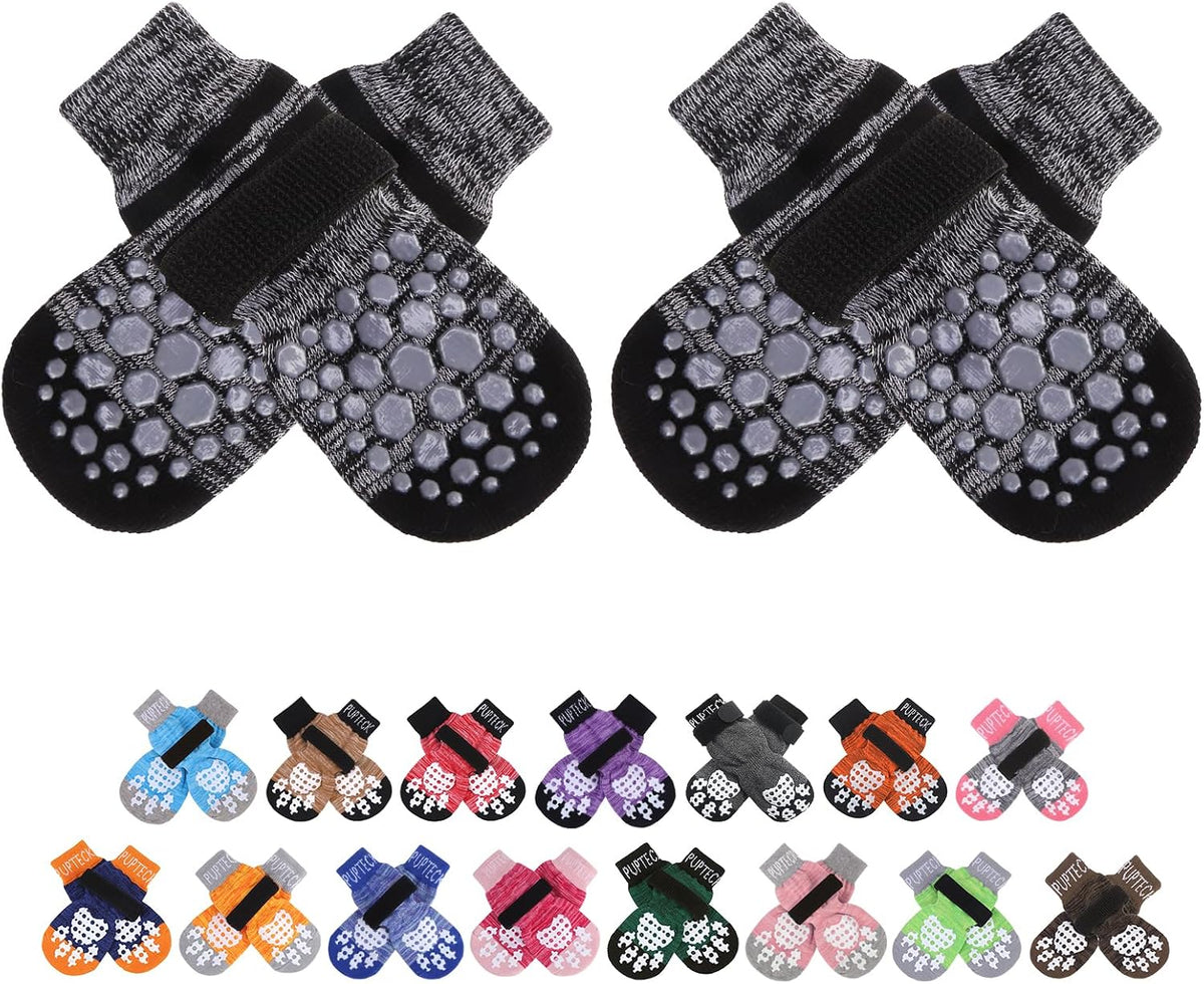 PUPTECK Anti-Slip Dog Socks with Double Sides Grips for Small Medium - Black(Striped) / X-Large (4 Count)