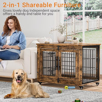 Lulive Dog Crate Furniture Set of 2, Dog Kennel Indoor Double Doors Wooden Dog Cage, 32'' Heavy Duty Dog Crate with Cushion & Wheels, End Table Pet House Chew-Resistant Up to 45 lb, Rustic Brown