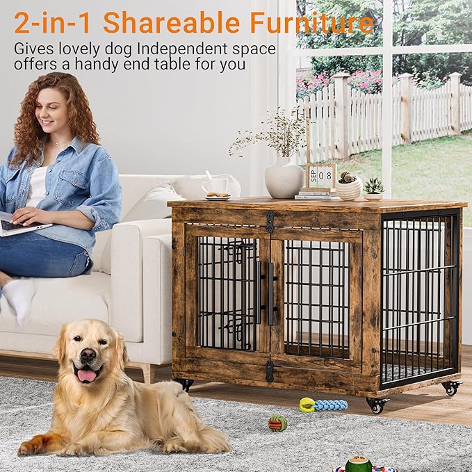 Lulive Dog Crate Furniture Set of 2, Dog Kennel Indoor Double Doors Wooden Dog Cage, 32'' Heavy Duty Dog Crate with Cushion & Wheels, End Table Pet House Chew-Resistant Up to 45 lb, Rustic Brown