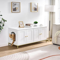 Homhedy Cat Litter Box Enclosure for 2 Cats, Cat Washroom Furniture with Double Room, Pet House with Metal Frame, 47.2”L x 17.7”W x 21.7”H, White and Gold