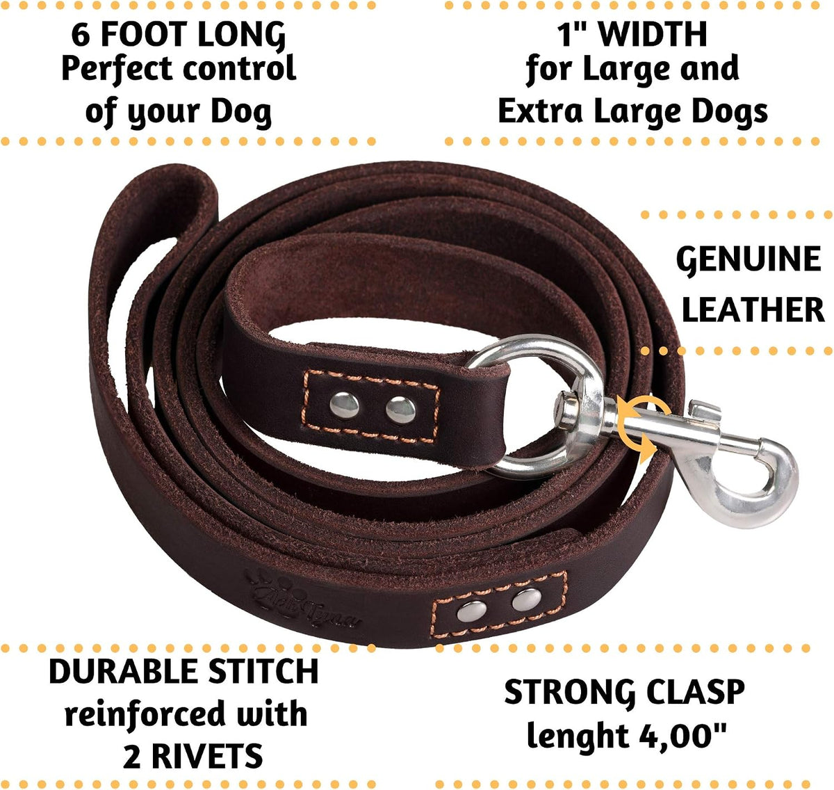 ADITYNA Leather Dog Leash for Large, and Small Dogs - XL - 6 ft x 1 inch / Brown - image 3