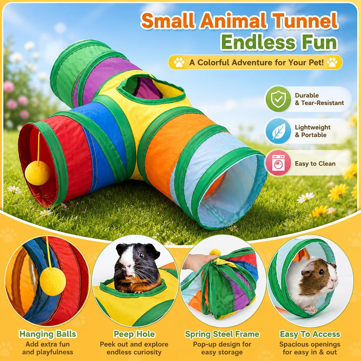 Guinea Pig Tunnel Hideout 3-Way Collapsible Small Pet Tubes - Rainbow - image 3