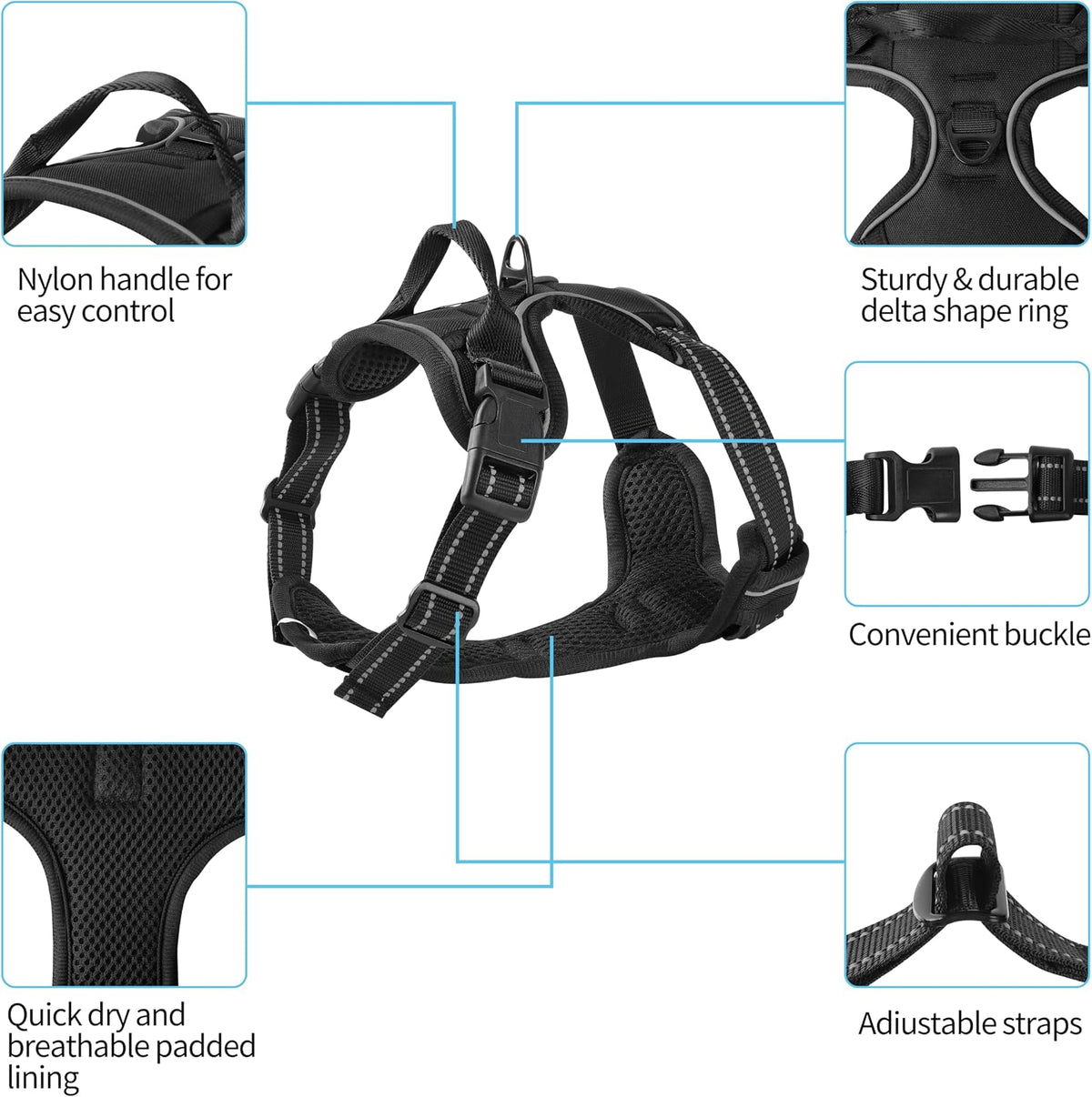 Blue No-Pull Dog Harness with 2 Leash Clips，Soft Padded Vest - Medium / Black - image 2