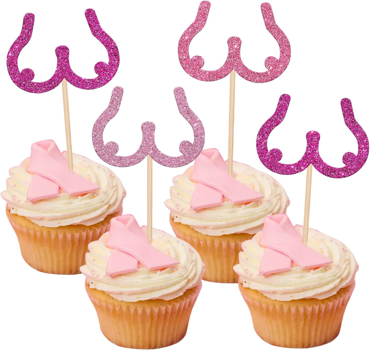 24 PCS Ribbon Breast Cancer Awareness Cupcake Toppers Glitter Pink - Design 2