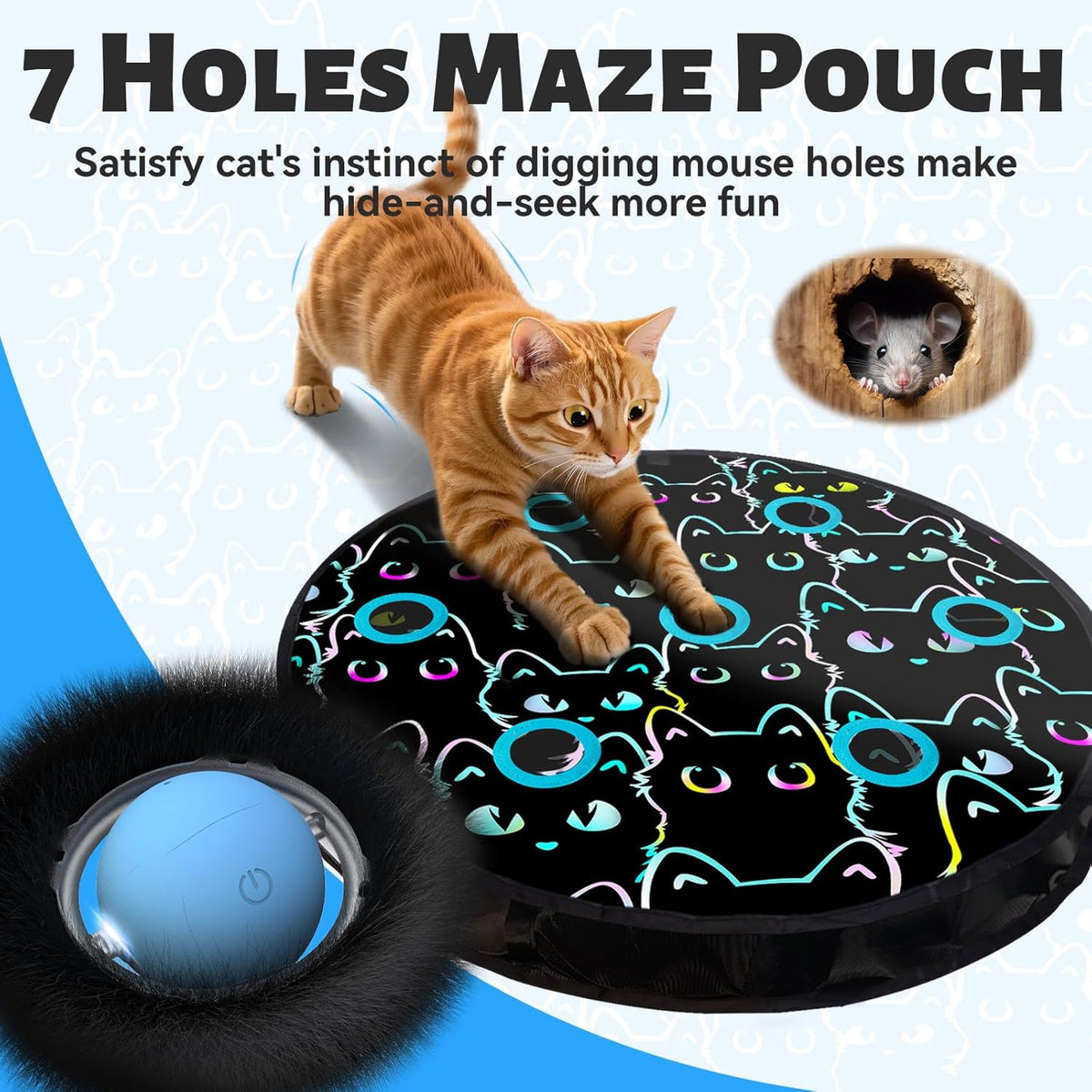 ORSDA Interactive Cat Toys Ball - Blue Ball&7 Hole Black Mat - image 2