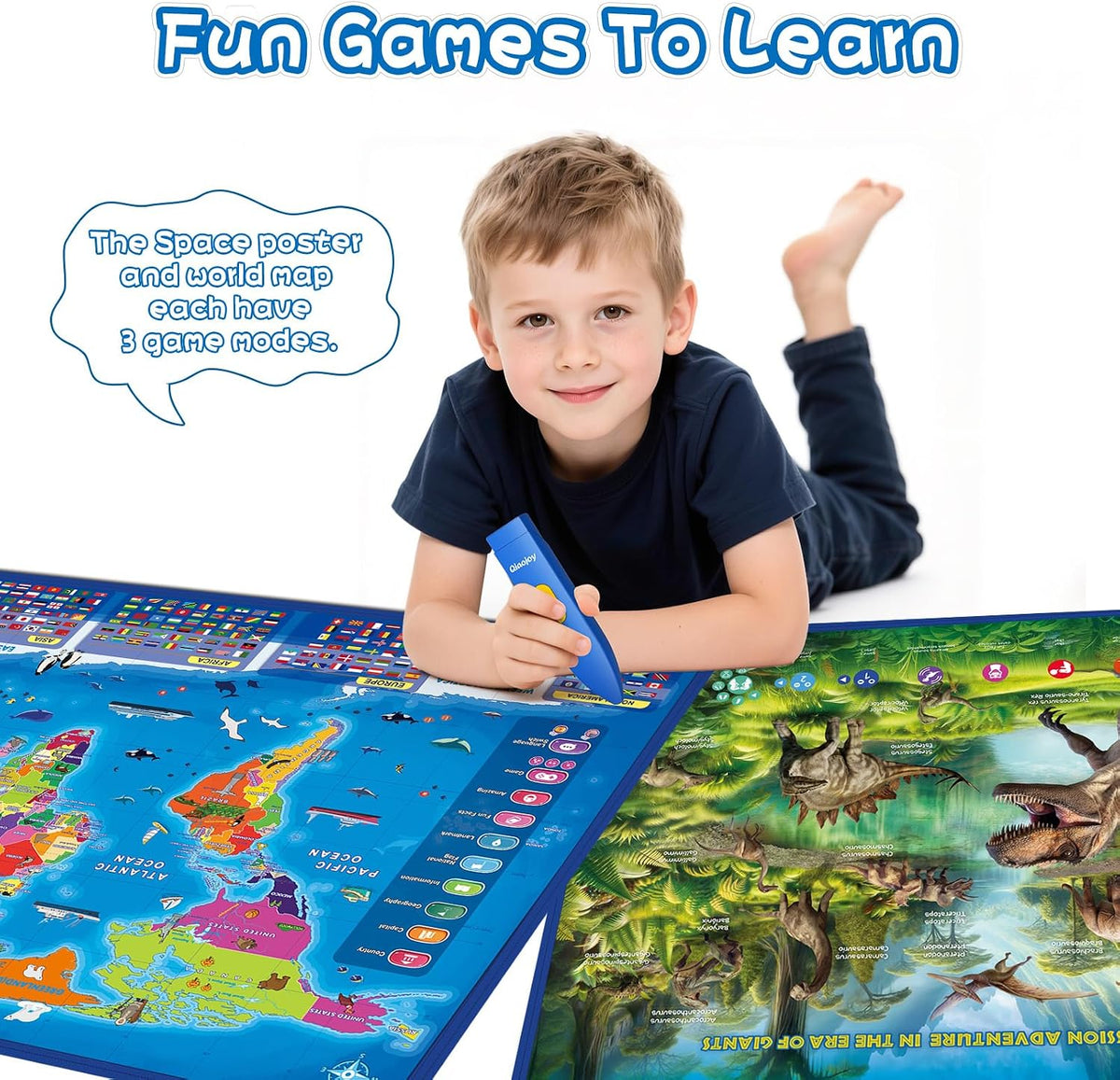 Qiaojoy Bilingual Interactive World Map for Kids Learning Educational - World Map & Dinosaur Poster - image 4