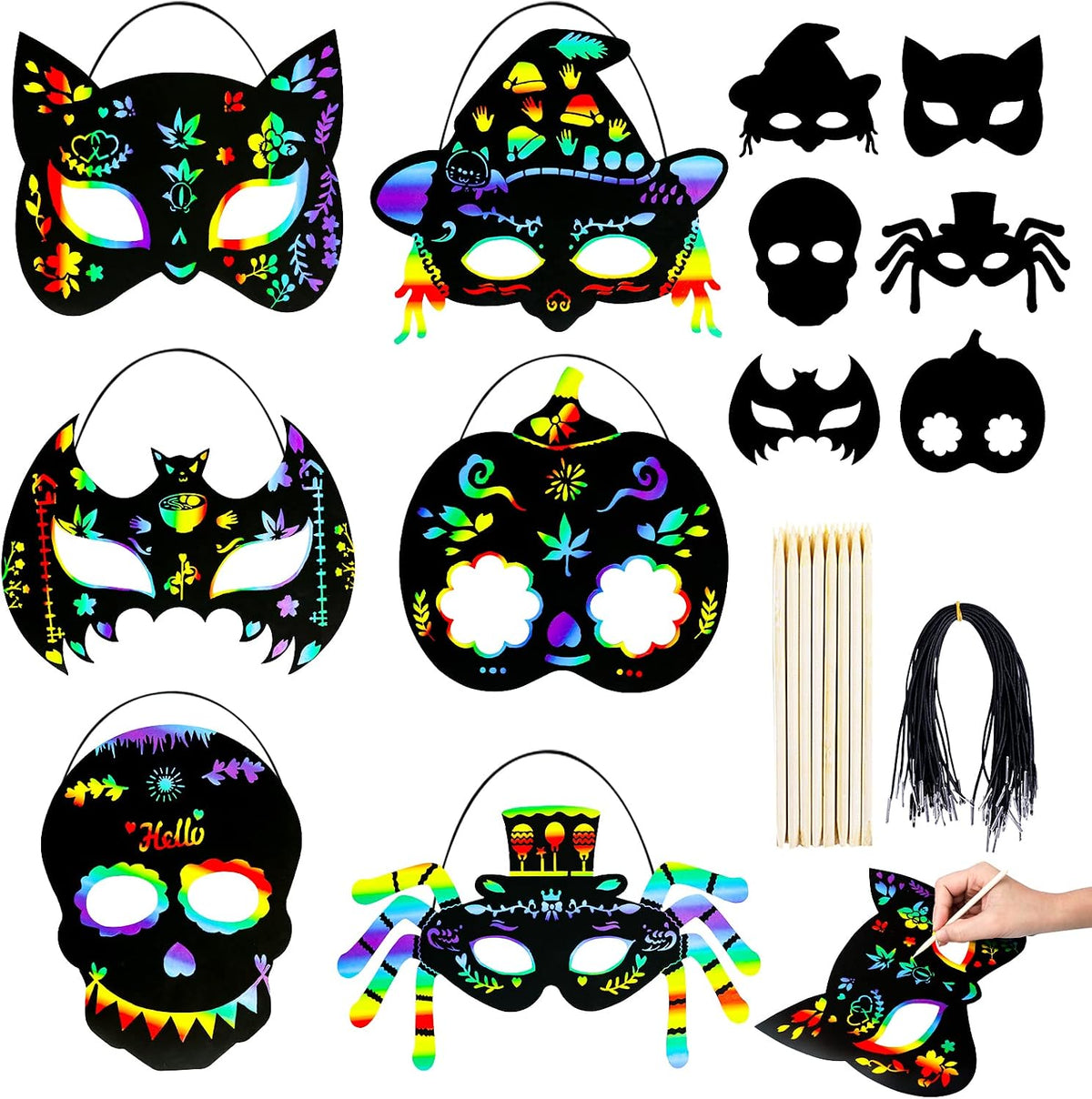 MGparty 24PCS Halloween Scratch Masks Craft Kit Rainbow Magic Scratch - 24PCS