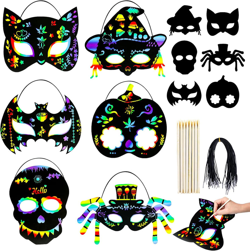 MGparty 24PCS Halloween Scratch Masks Craft Kit Rainbow Magic Scratch - 24PCS