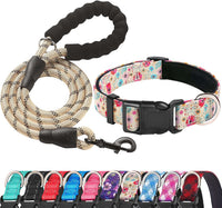 Ladoogo Reflective Dog Collar Padded with Soft Neoprene - Beige/Pink Floral / Medium