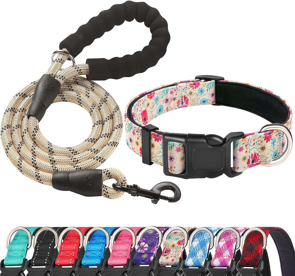 Ladoogo Reflective Dog Collar Padded with Soft Neoprene - Beige/Pink Floral / Medium