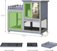 Wood Rabbit Hutch with Balcony - Small Animal House Bunny Cage on Wheels for Indoor Outdoor, Rabbit Cage Included Ramp, Pull Out Tray, (Grey with Pattern)