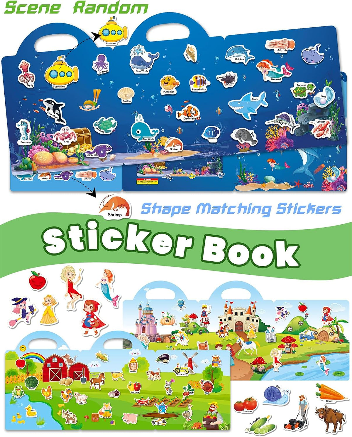 Walenced Reusable Sticker Book, Stickers for Kids - Farm+Princess+Ocean - image 3