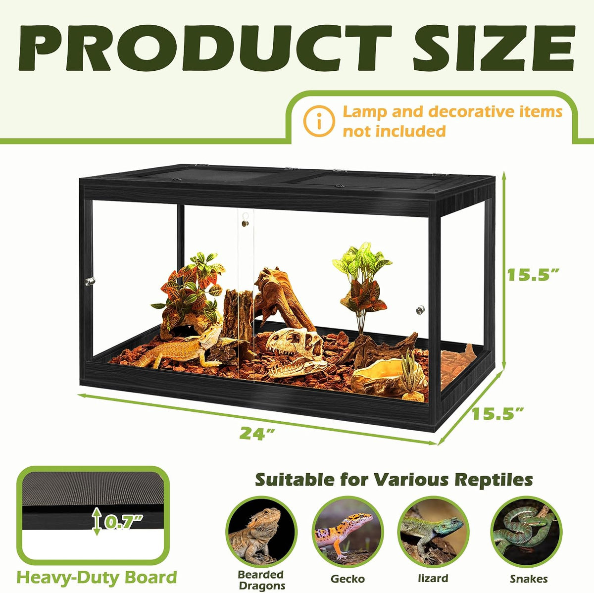 PROLEE 82 Gallon Bearded Dragon Tank - Black / 31 Gallon (24x15.5x15.5 Inch) - image 2