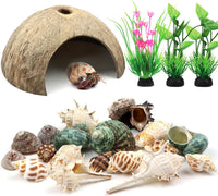 QUOZUO Hermit Crab Shells Natural Coconut Shell Hut Artificial Plants