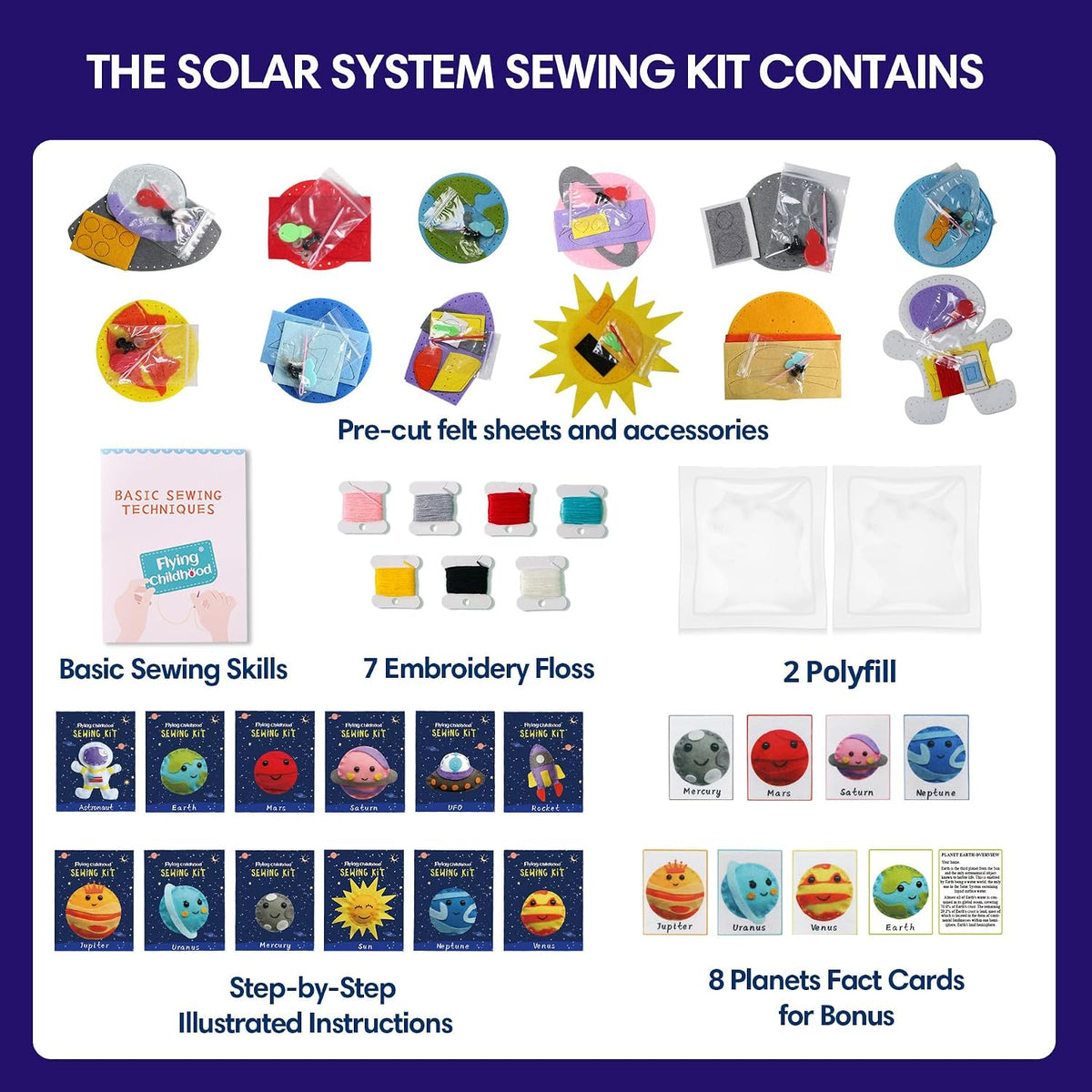Flying Childhood solar system sewing kit for kids with felt planets, needles and floss - view 2