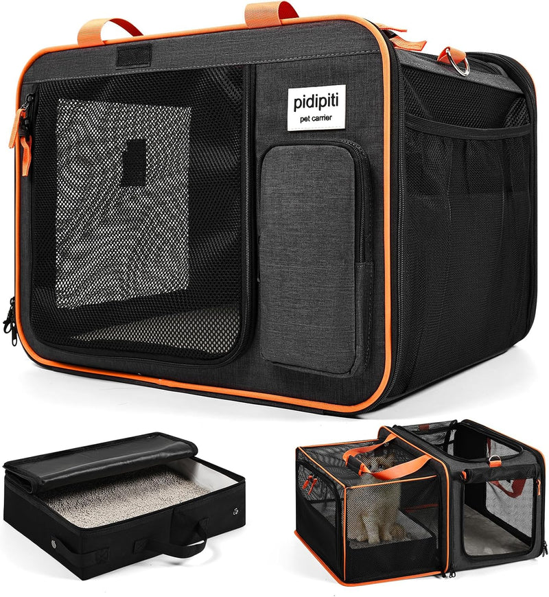 Pidipiti 20x14x14 Expandable car cat Carrier - black / with litter box