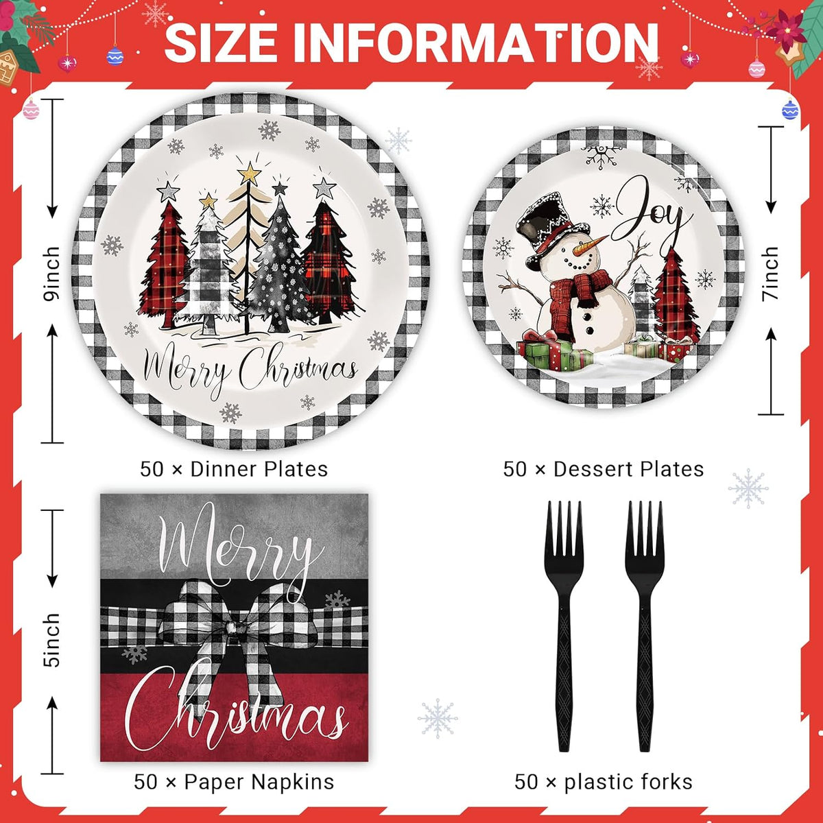 GOLDGAO Christmas paper plates and napkins with buffalo plaid border and snowman print - view 14