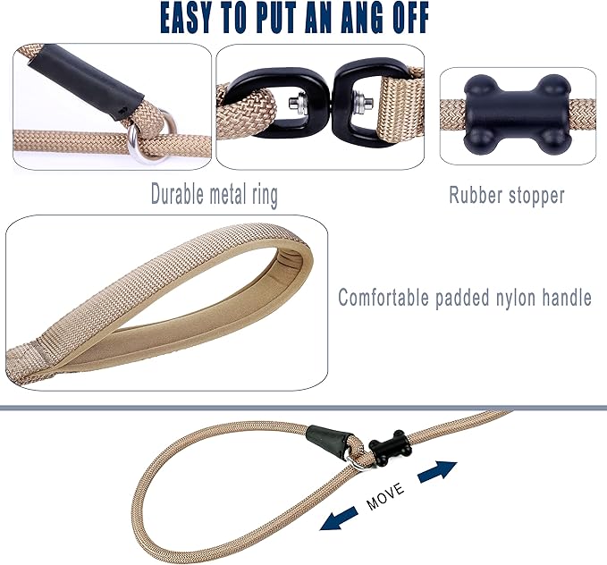 Slip Lead Dog Leash，Strong Nylon Rope Leash and Padded Handle,No Pull Outdoor Walking Training Lead for Small Medium Large Dogs(Light Military Tan, 1/2"×4ft)