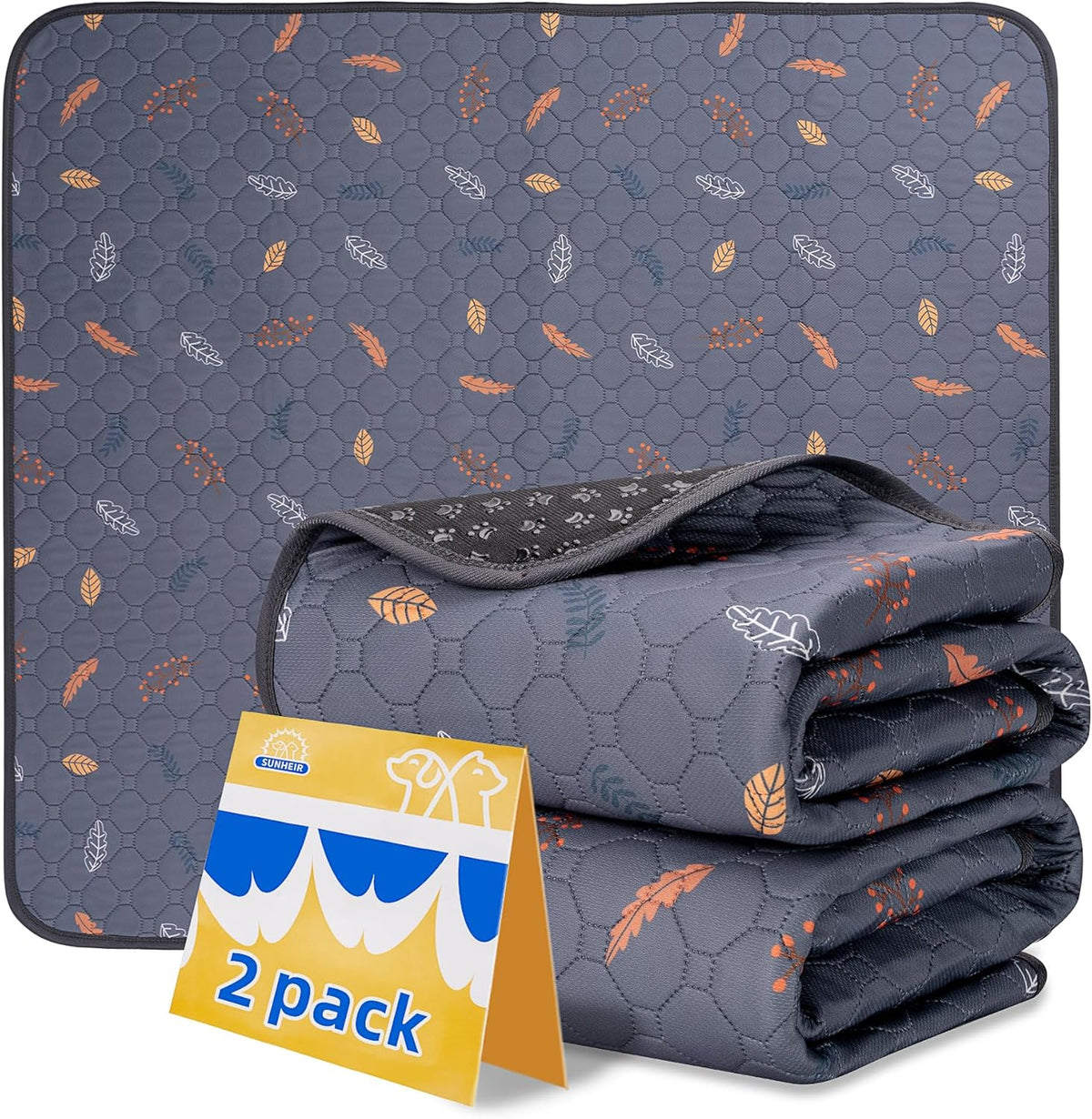 Washable Pee Pads for Dogs - Leaves - Deep Grey / 18x24 Inch (Pack of 2)