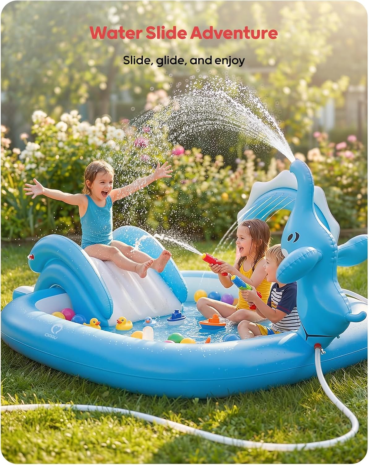 QPAU inflatable toddler pool with slide and elephant sprayer, 72 x 64 x 37 in - view 3