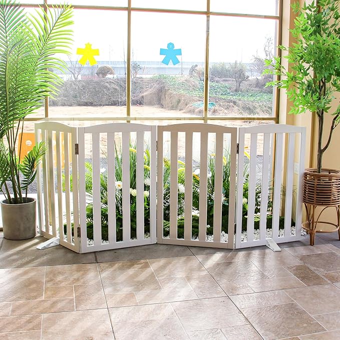 ZJSF Foldable Freestanding Indoor Dog Gate for House Wood White Long Pet Gates Dog Fence for Stairs Puppy Gates for Hallways, Puppy Gate,Support Feet Included 32 "Height-4 Panels
