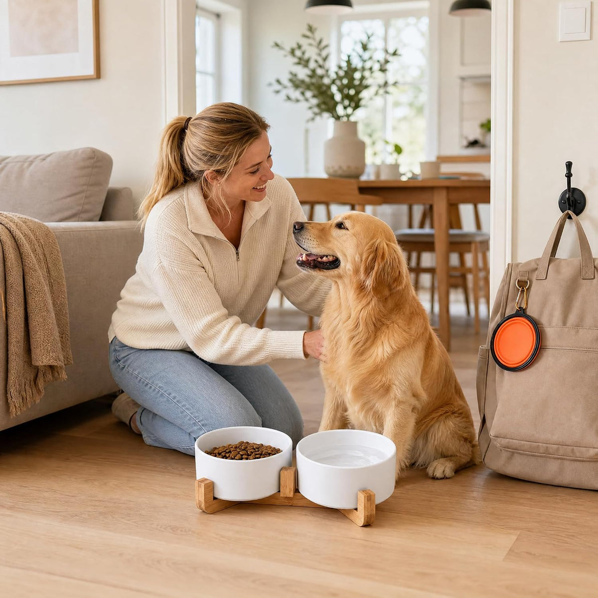 Ceramic Cat Dog Bowl Set with Stand - White / 850ML*2 - image 2