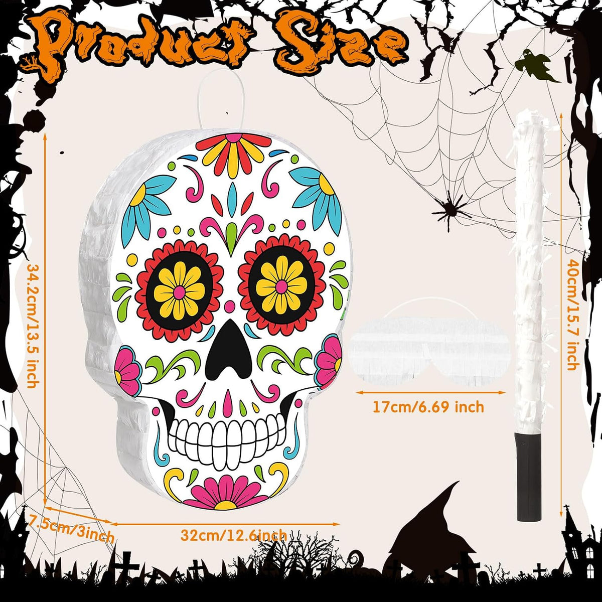 Aoriher Halloween skull piñata with bat stick, blindfold and square confetti - view 12