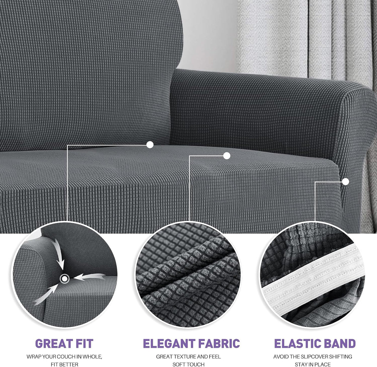 Super Stretch Couch Cover Universal Sofa Covers with Elastic Bottom - Dark Grey / Large (72"-92") - image 4