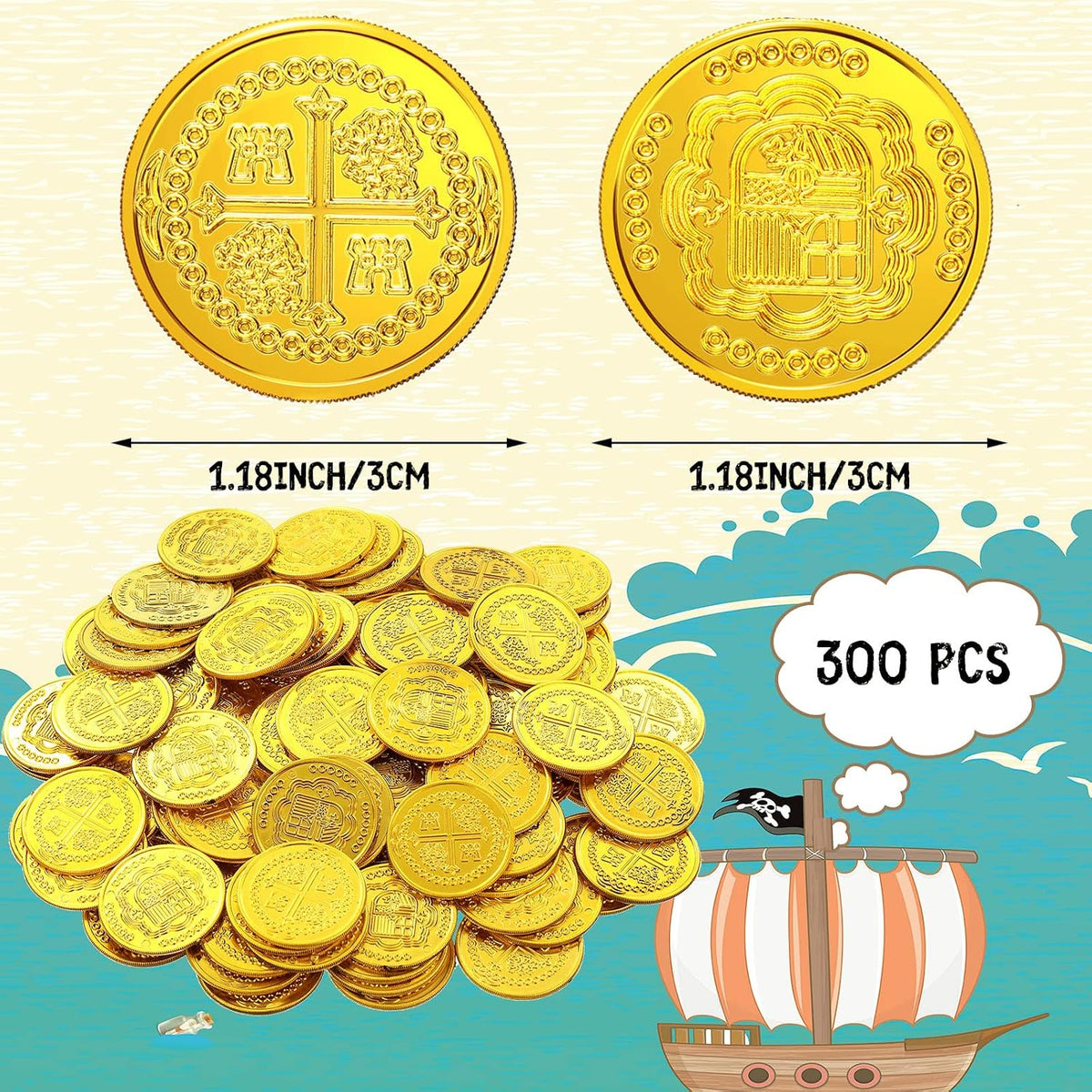 Chivao plastic gold coins, 300 shiny embossed pirate treasure coins - view 6
