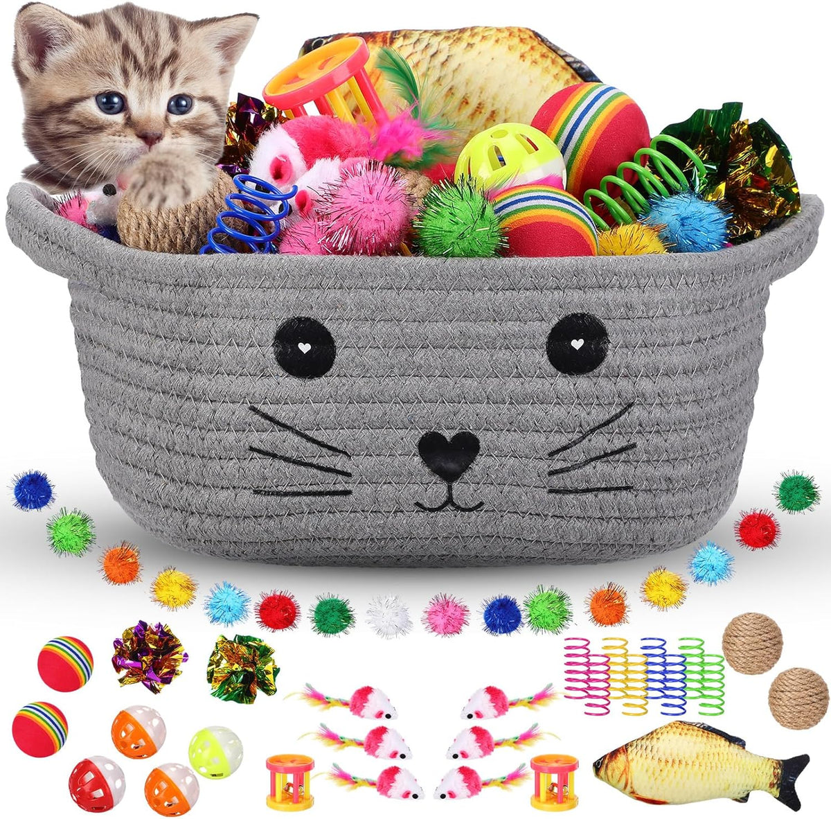 Zopeal 58 Pcs Cat Toy Set with Storage Basket Indoor, Grey - Gray / 9.8 Inch