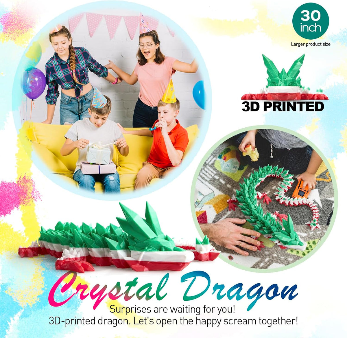 24" Large 3D Printed Dragon - Green White Red / 30 inch - image 2