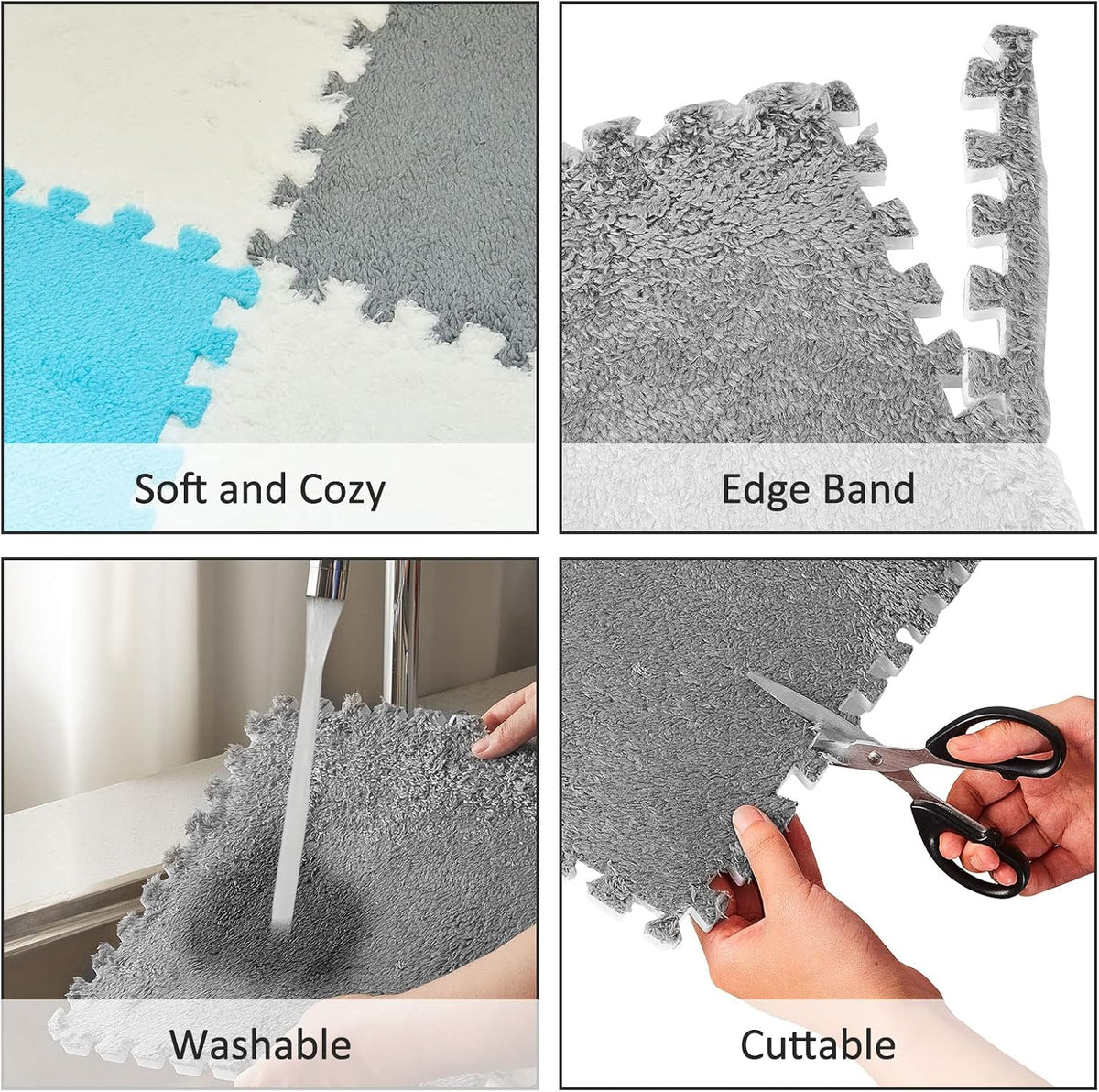 Amylove 18 Pcs Plush Foam Interlocking Carpet Tiles, Beige, Pink - White, Gray, Blue - image 3