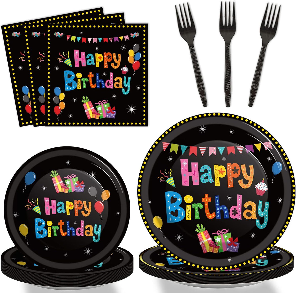 Tevxj navy blue and silver happy birthday tableware set with plates, napkins and forks for 24 - view 7