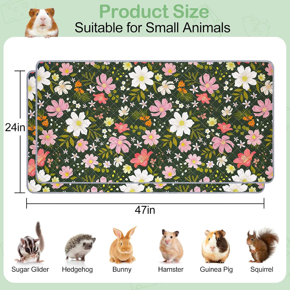 Unicorn Catcher 2 Pack Washable Guinea Pig Cage Liner - Flower Prints / 47X24in - image 2