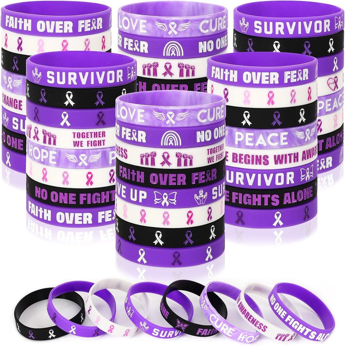 JUNEBRUSHS 64pcs Halloween Party Favors Silicone Bracelets Rubber - Purple Ribbon Awareness Style