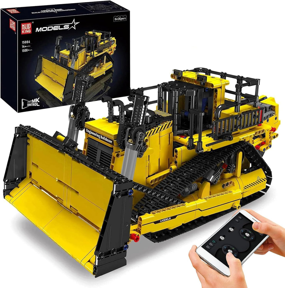 Mould King app-controlled RC bulldozer building set with track drive