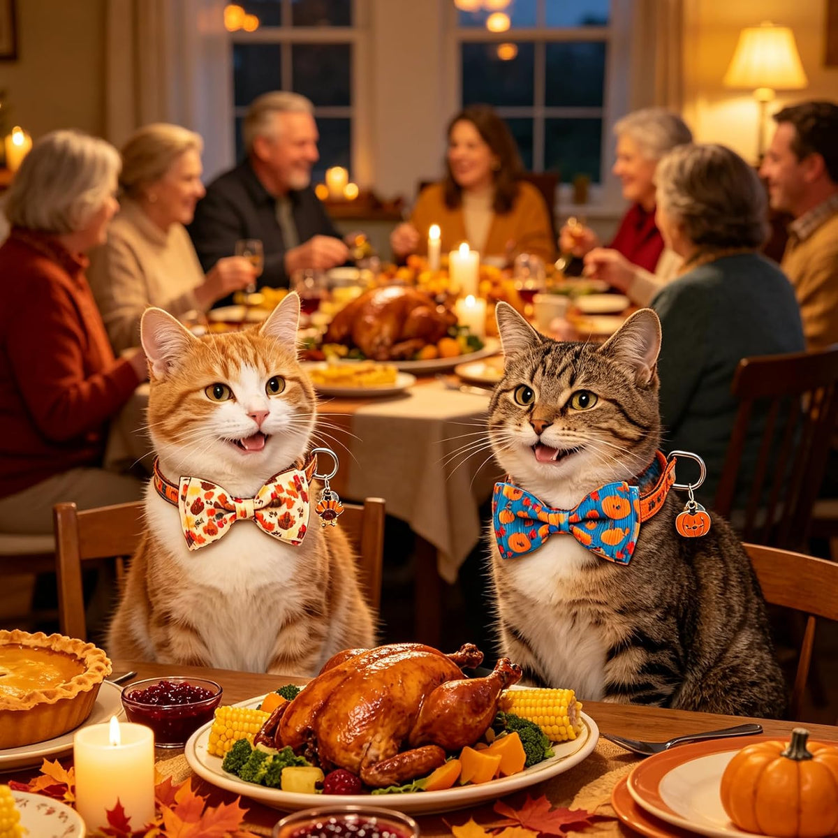Halloween Cat Collar Breakaway with Bowtie and Bells - Turkey+Pumpkins+Maple Leaf - image 3