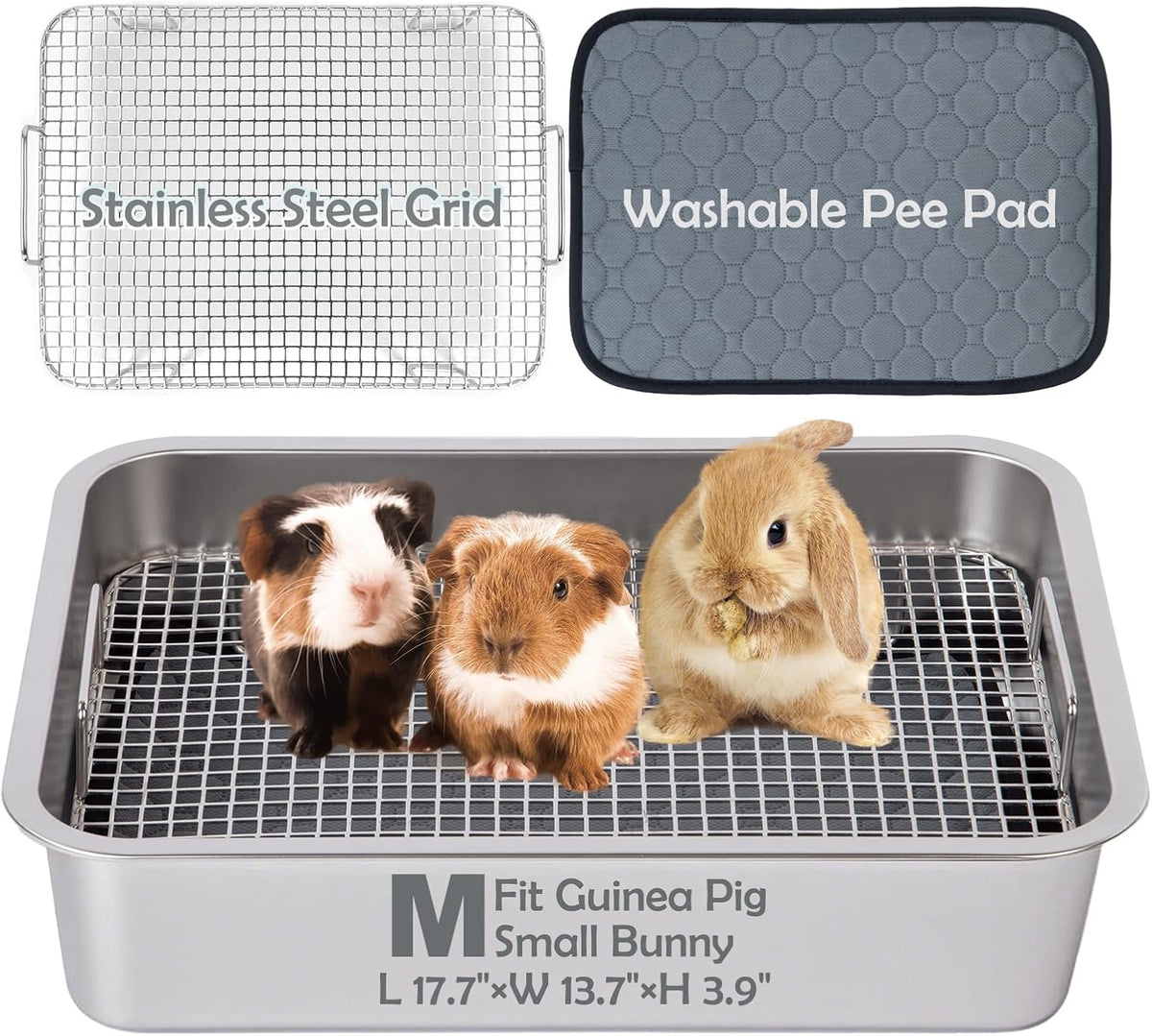 MEEXPAWS Rabbit Litter Box Stainless Steel - M 17.7"x13.7"x3.9" for Guinea Pig and Small Bunny