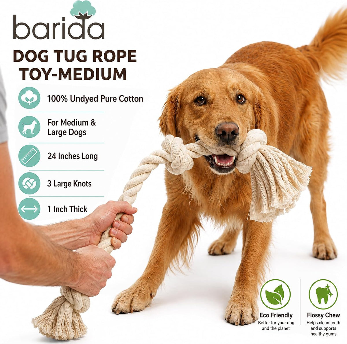 Barida Natural White Cotton Tough Dog Rope Toy for Medium & Large - Medium (23.60") - image 2