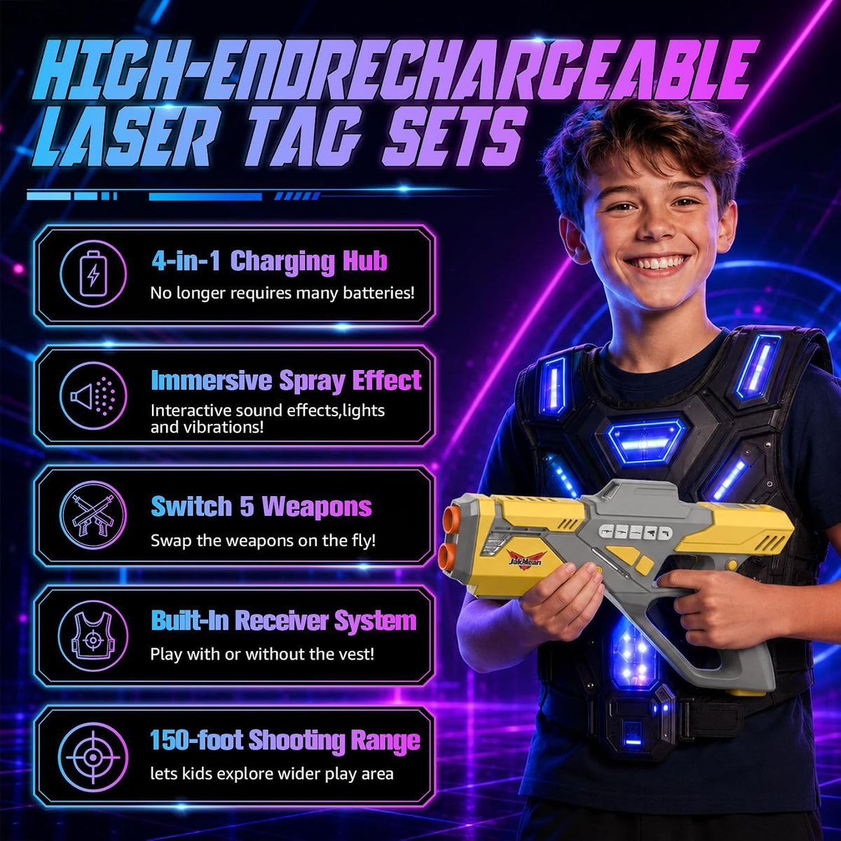 Rechargeable Laser Tag Set with Vests - 6 Gray / 6 - image 2