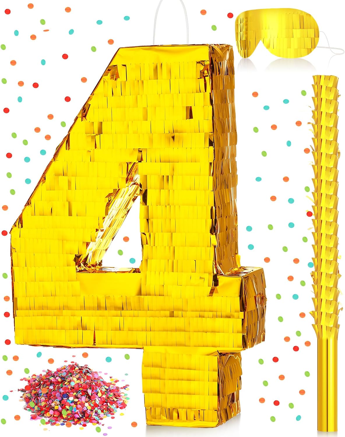 Sratte gold foil number piñata set with gold blindfold, piñata stick and bag of confetti - view 8