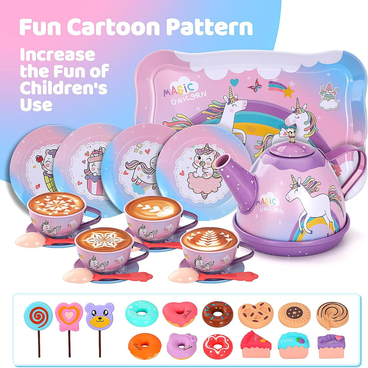 Quiet Flower 55 piece unicorn tea party set with teapot, cups, cake stand and storage box - view 4