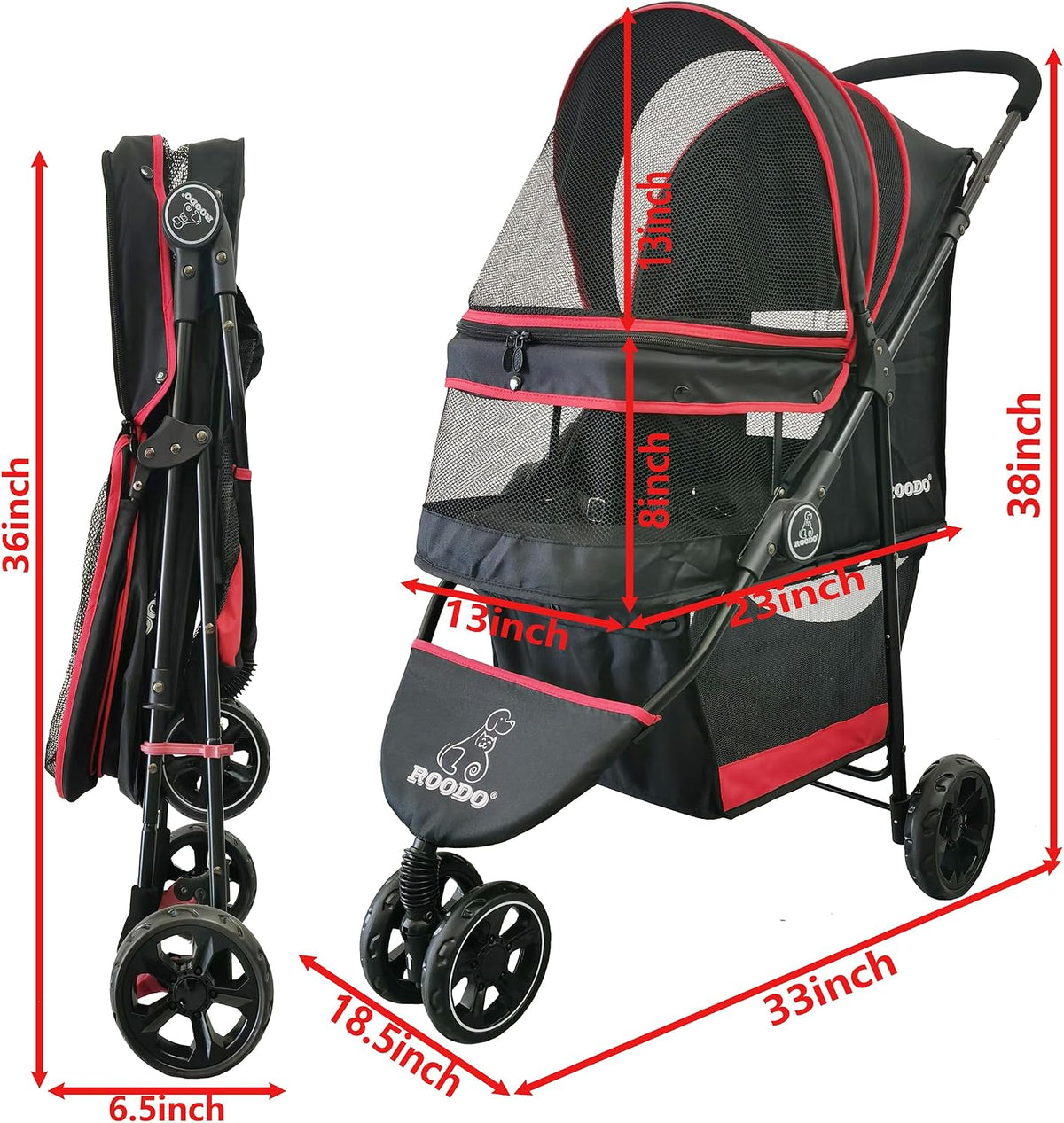 ROODO Escort 3 Wheel Dog Cat Pet Stroller for Small/Medium Dogs Cats - Black/red / 33x37 Inch (Pack of 1) - image 3