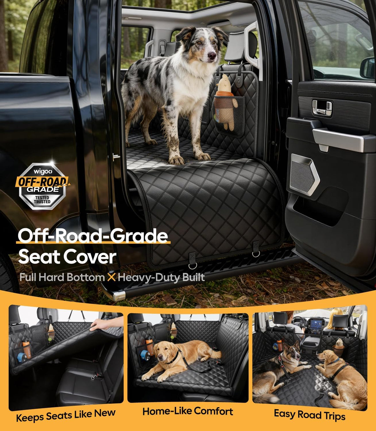 Wigoo Dog Truck Seat Cover for Back Seat, Hard Bottom Support - Black+Orange / XL - Full-Size Trucks,SUVs - image 2