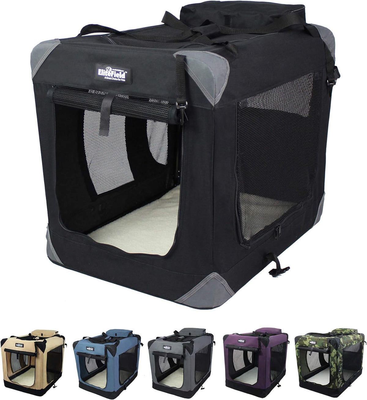 EliteField 3-Door Soft Dog Crate with Bed & Carrying Bag – Essentials for Dogs - Black / 20.0"L x 14.0"W x 14.0"H