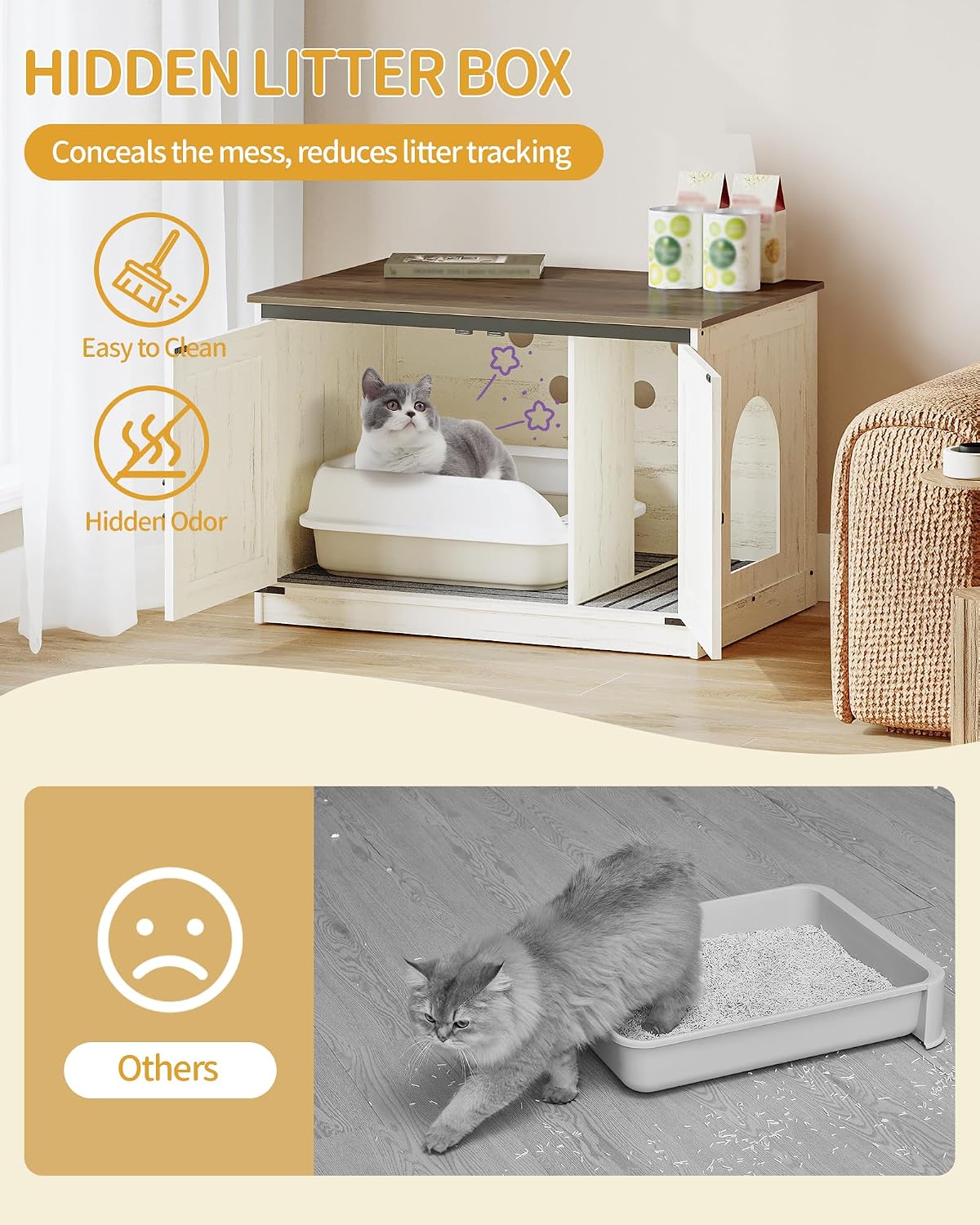 Hzuaneri Cat Litter Box Enclosure - Rustic White and Brown / 31.5"L x 21.7"W x 21.3"H - image 3