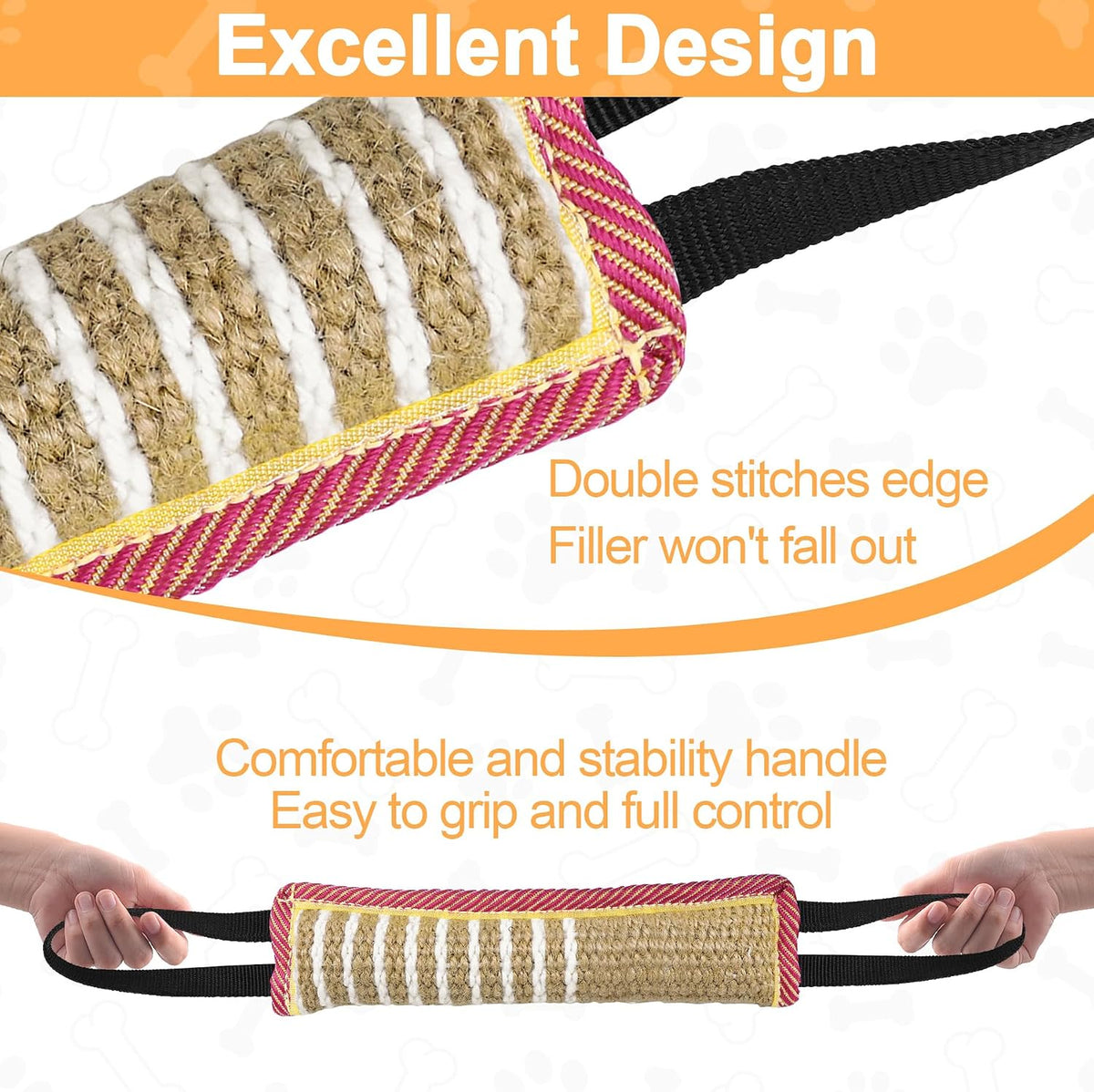 Dog Tug Toy, Dog Bite Jute Pillow Pull Toy with 2 Strong Handles - Pink & Yellow / Striped - image 4