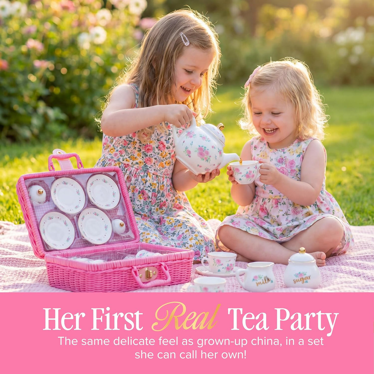 Giggle & Honey white floral tea party set for girls with porcelain teapot, cups and carrying case - view 12