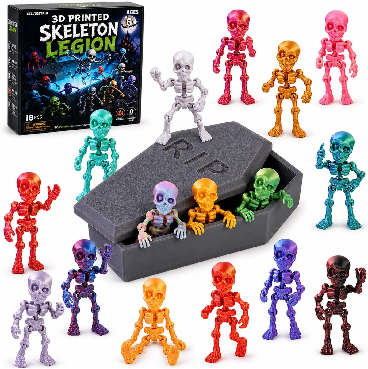 Celltestria 18PCS 3D Printed Skeleton Fidget Toys with Coffin Storage - Skeleton with Coffin